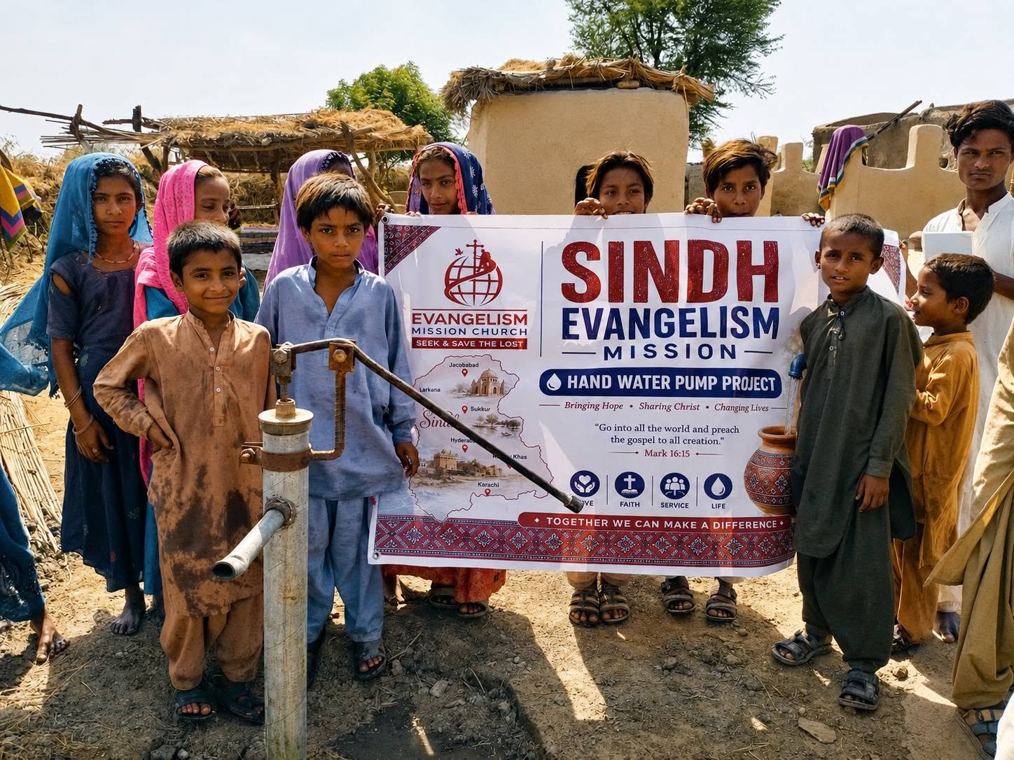Children at the site of a new hand pump installation